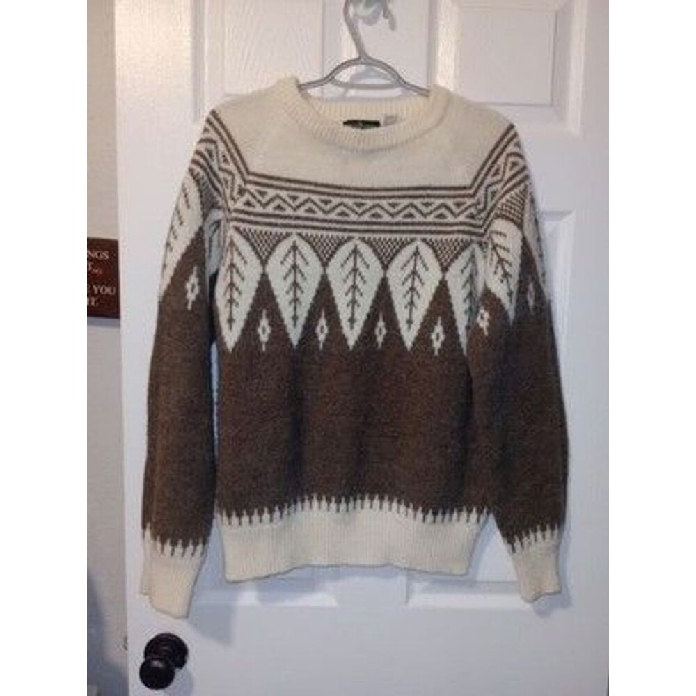 Boundary Waters Mens Sweater Fair Isle XL Cream Brown Wool Blend Crewneck
